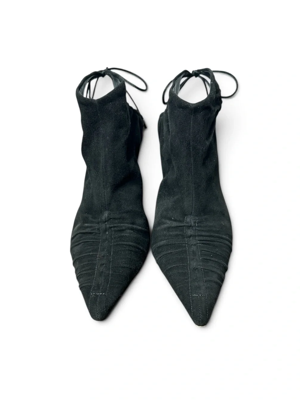 Gucci Tom Ford 2004 Runway Black Suede Ruched Ankle Booties Tie Back Size 7